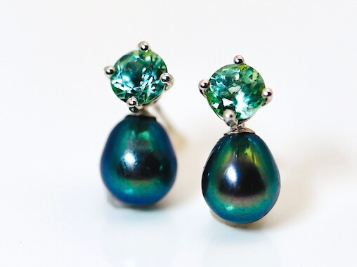 HARMONY COLLECTION - A Pair of Mint Tourmaline Earstuds with Detachable Freshwater Cultured Pearl Drops